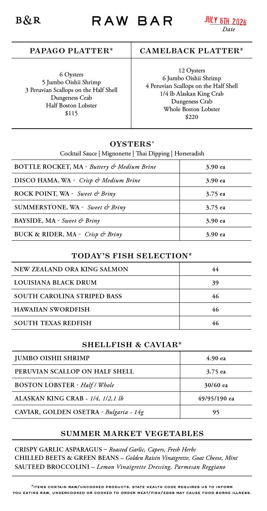 Raw Bar Menu