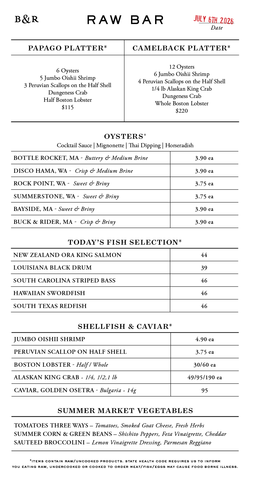 Raw Bar Menu