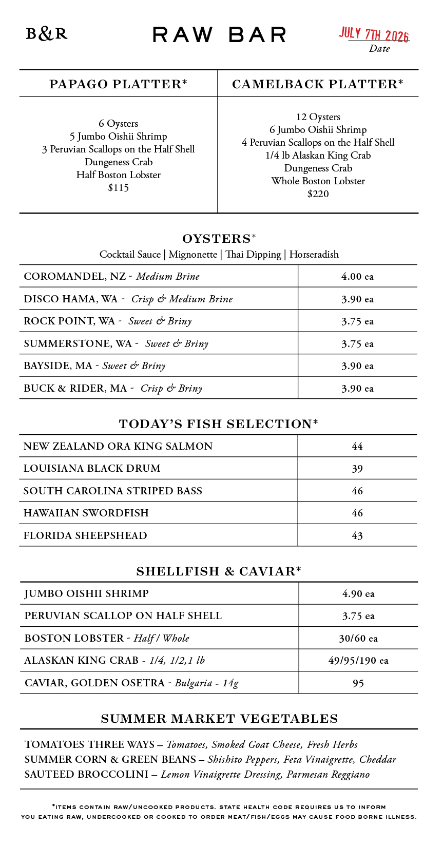 Raw Bar Menu