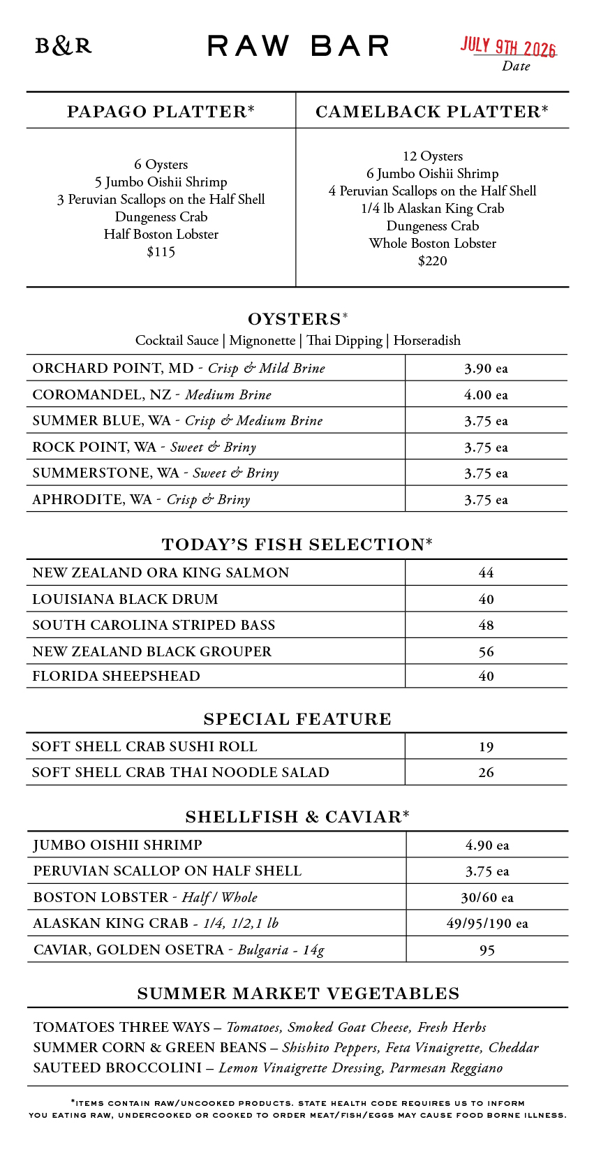 Raw Bar Menu