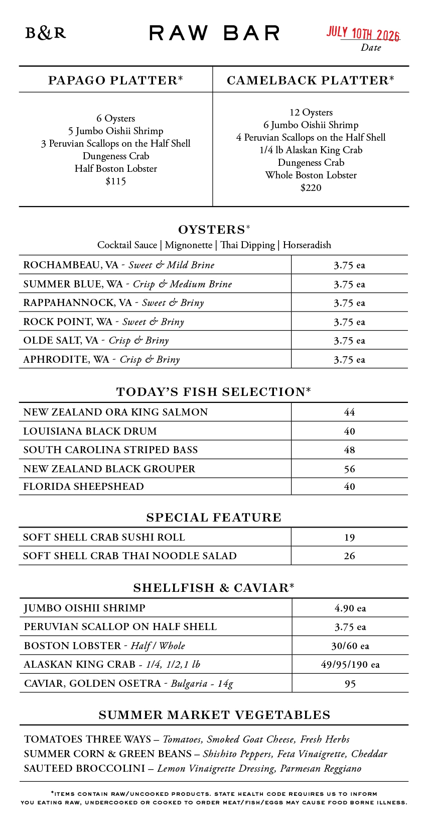 Raw Bar Menu