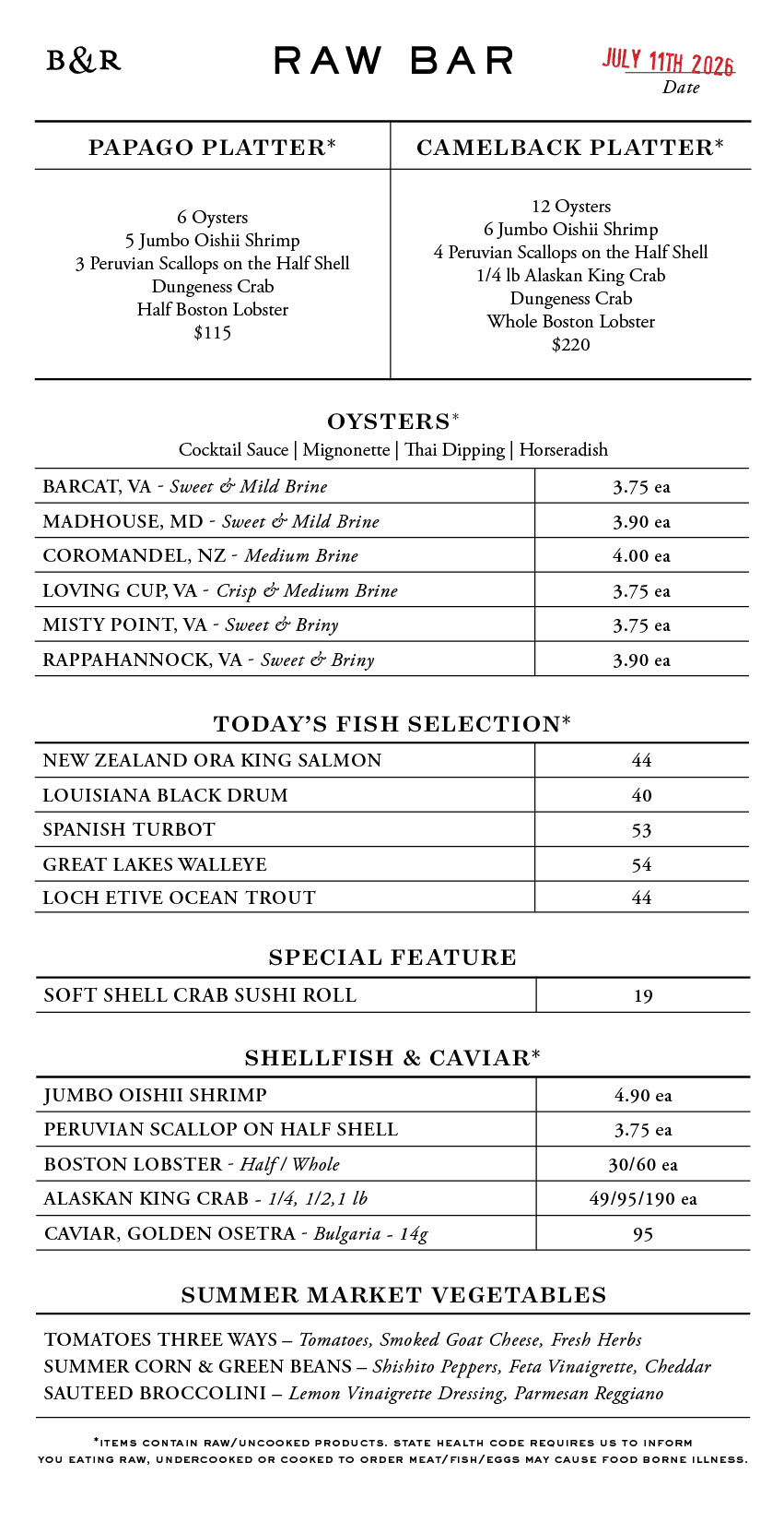 Raw Bar Menu