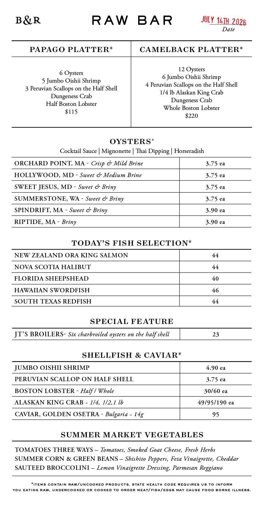 Raw Bar Menu