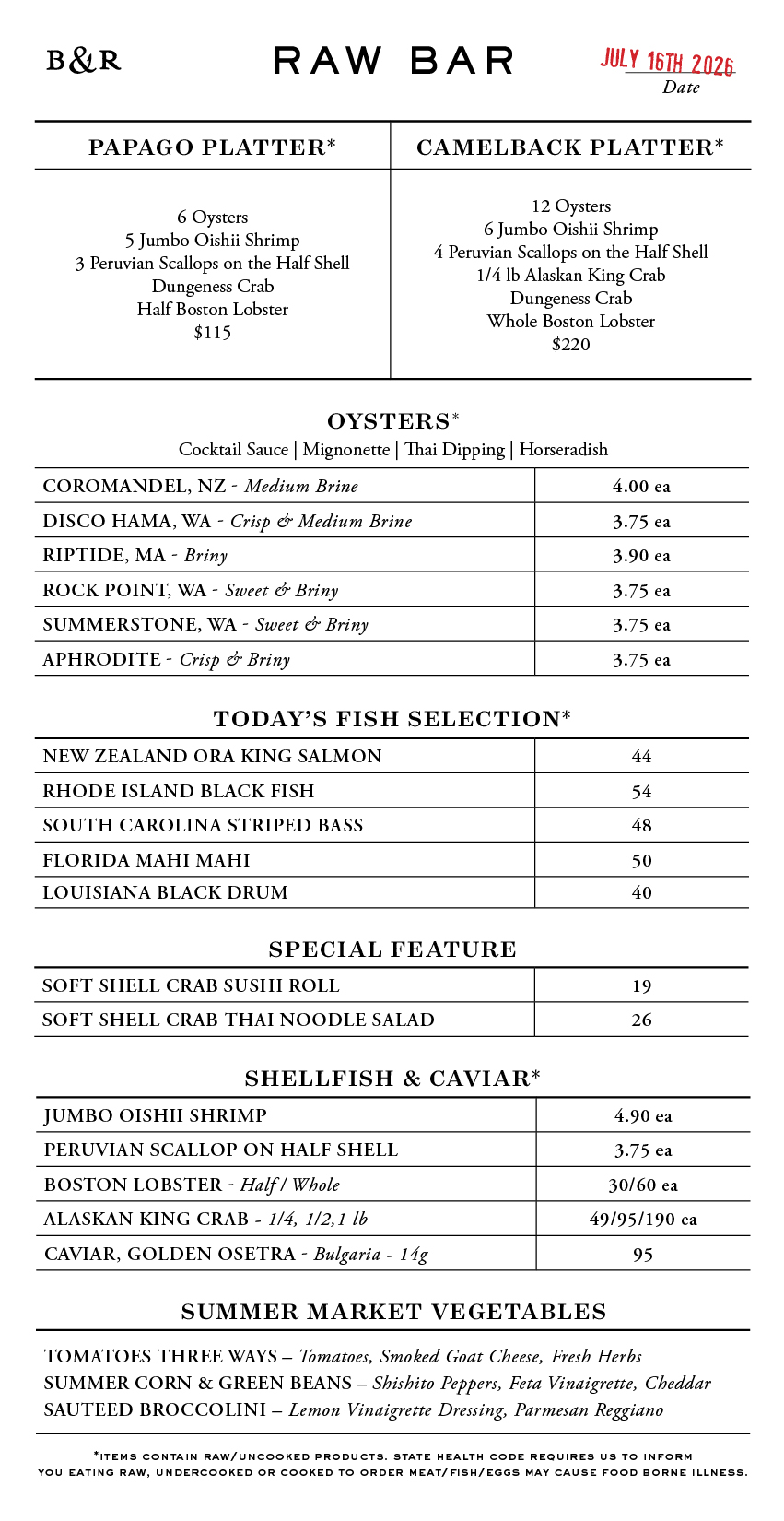 Raw Bar Menu