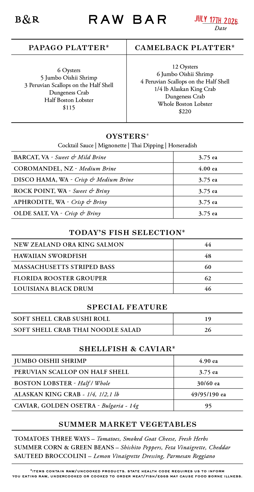 Raw Bar Menu