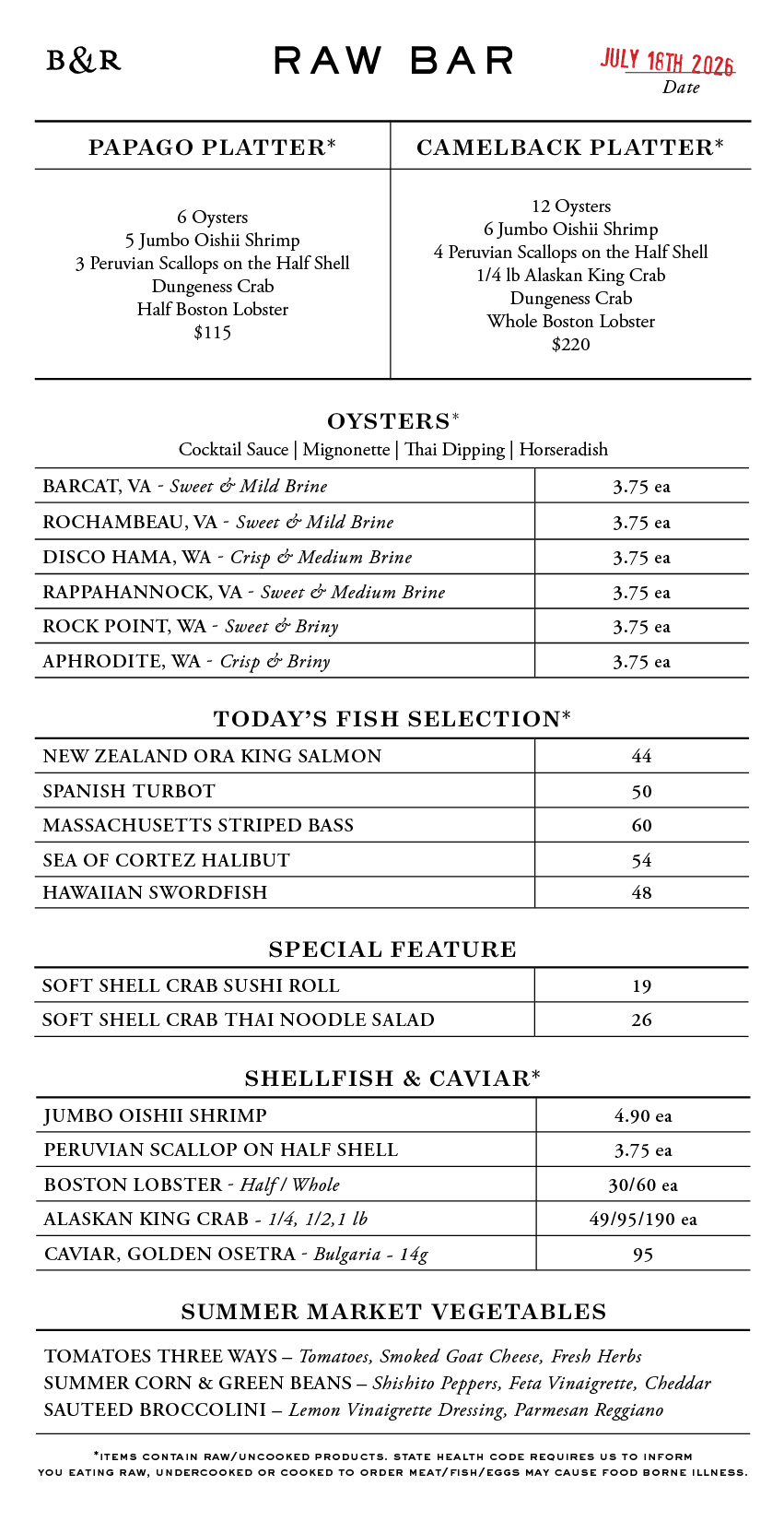 Raw Bar Menu