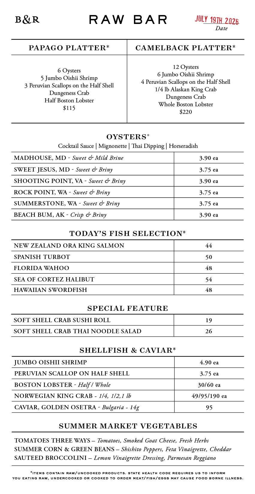 Raw Bar Menu