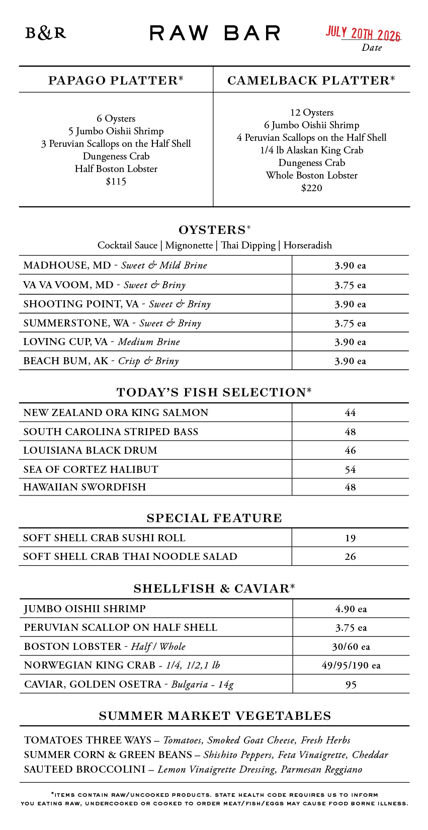 Raw Bar Menu