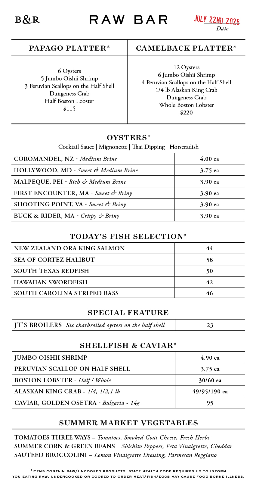 Raw Bar Menu