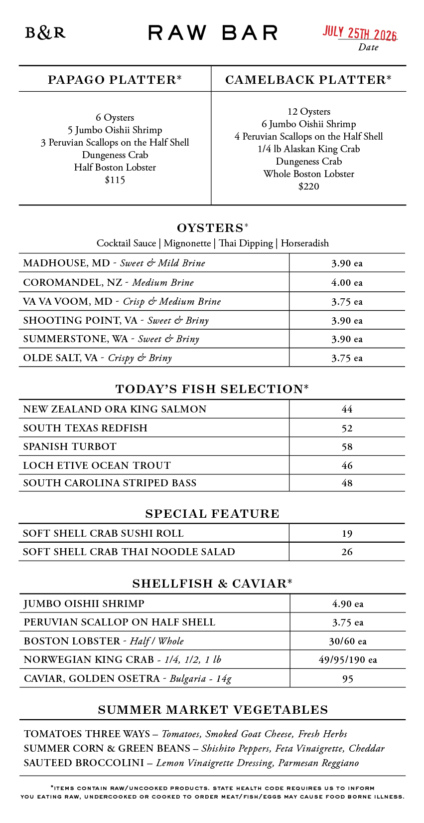 Raw Bar Menu
