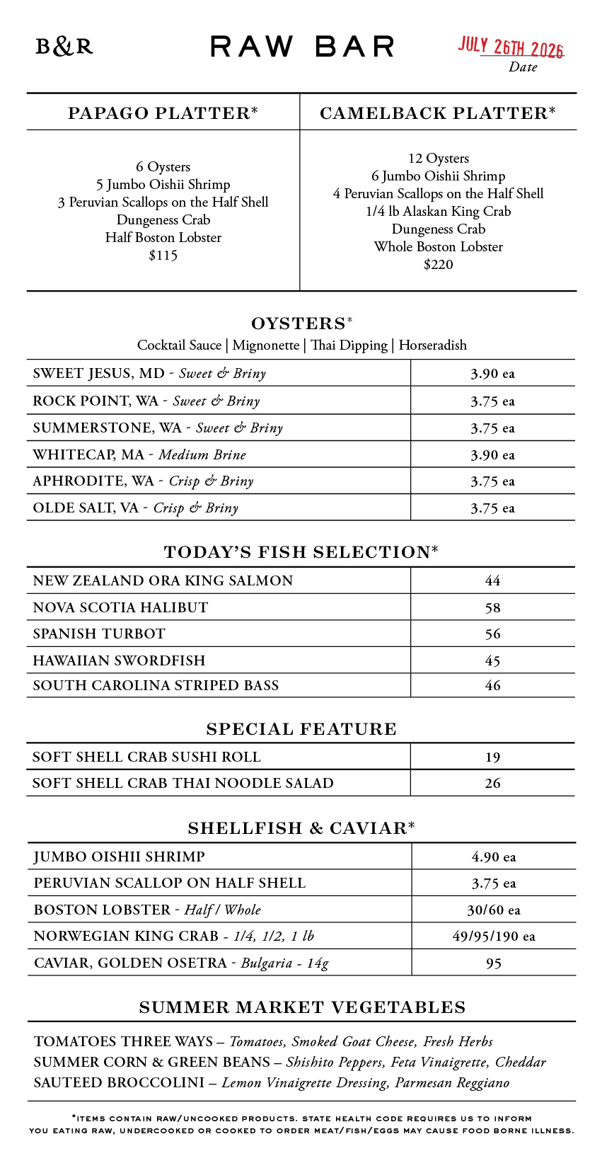 Raw Bar Menu