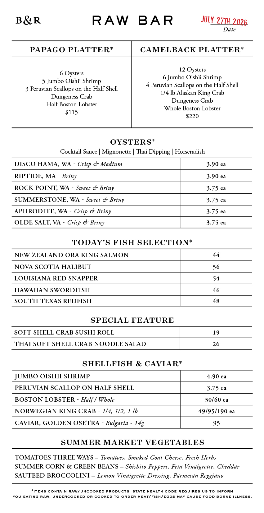 Raw Bar Menu