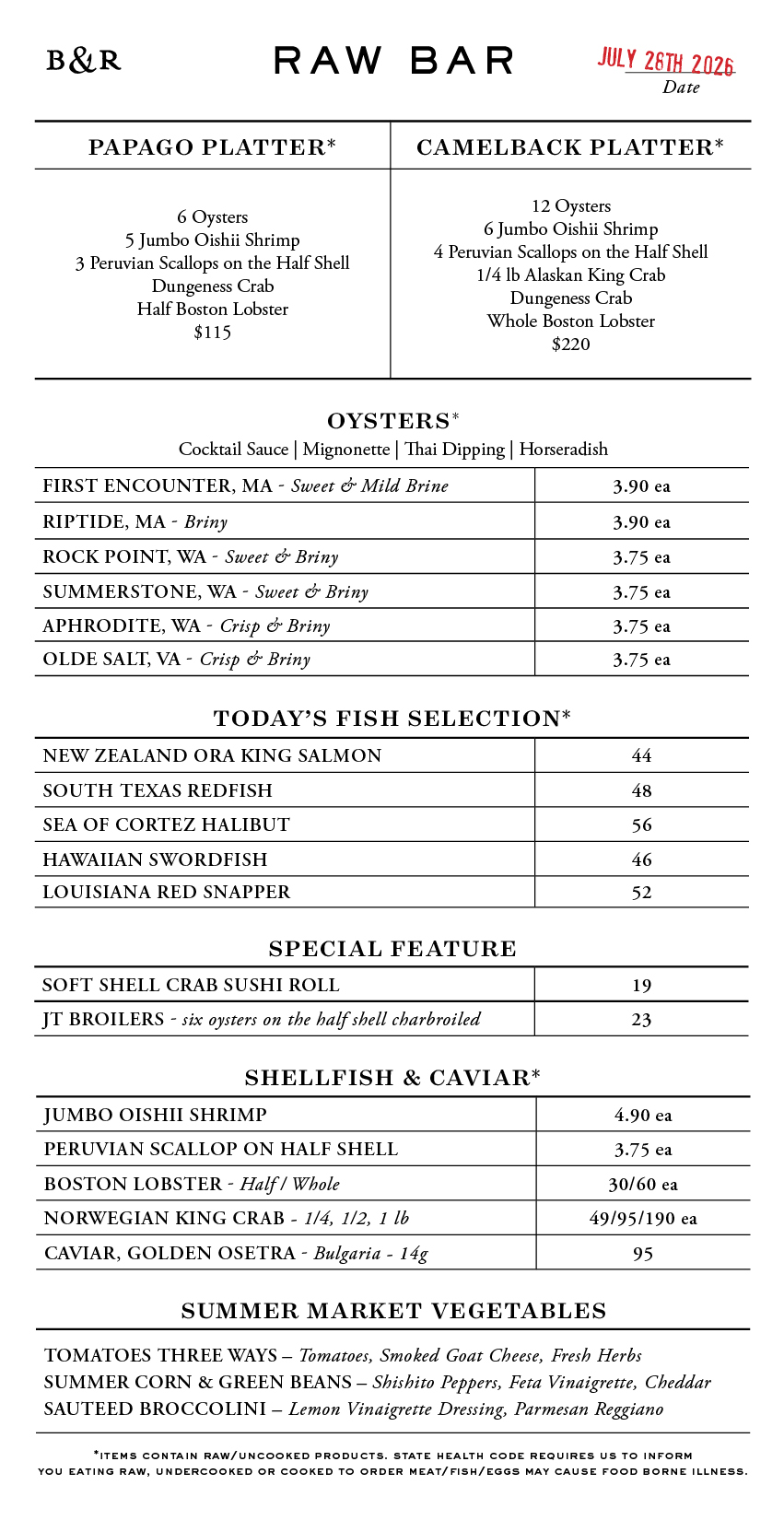 Raw Bar Menu