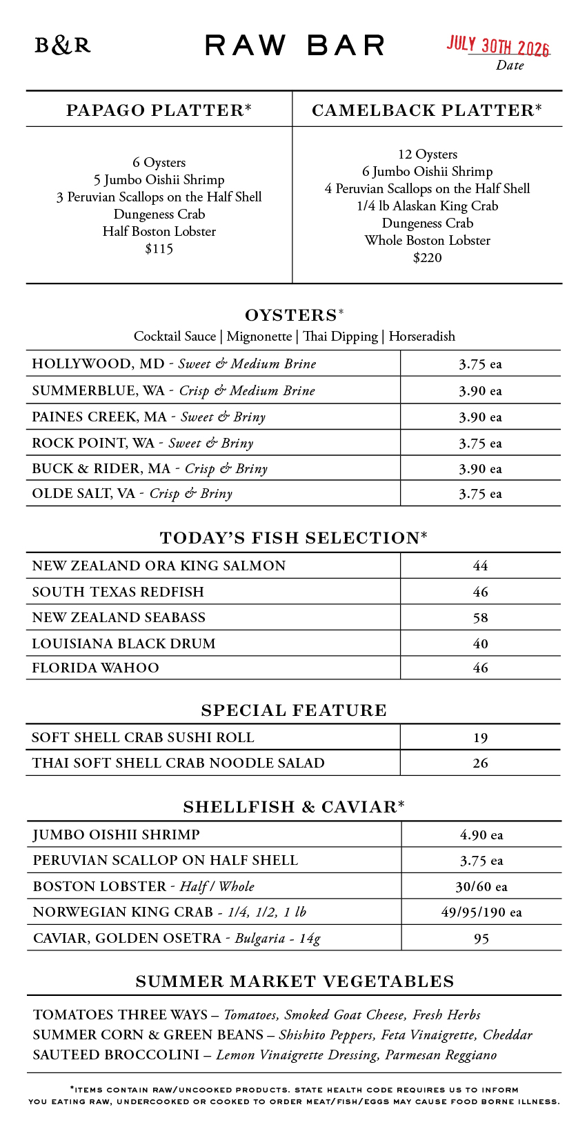 Raw Bar Menu