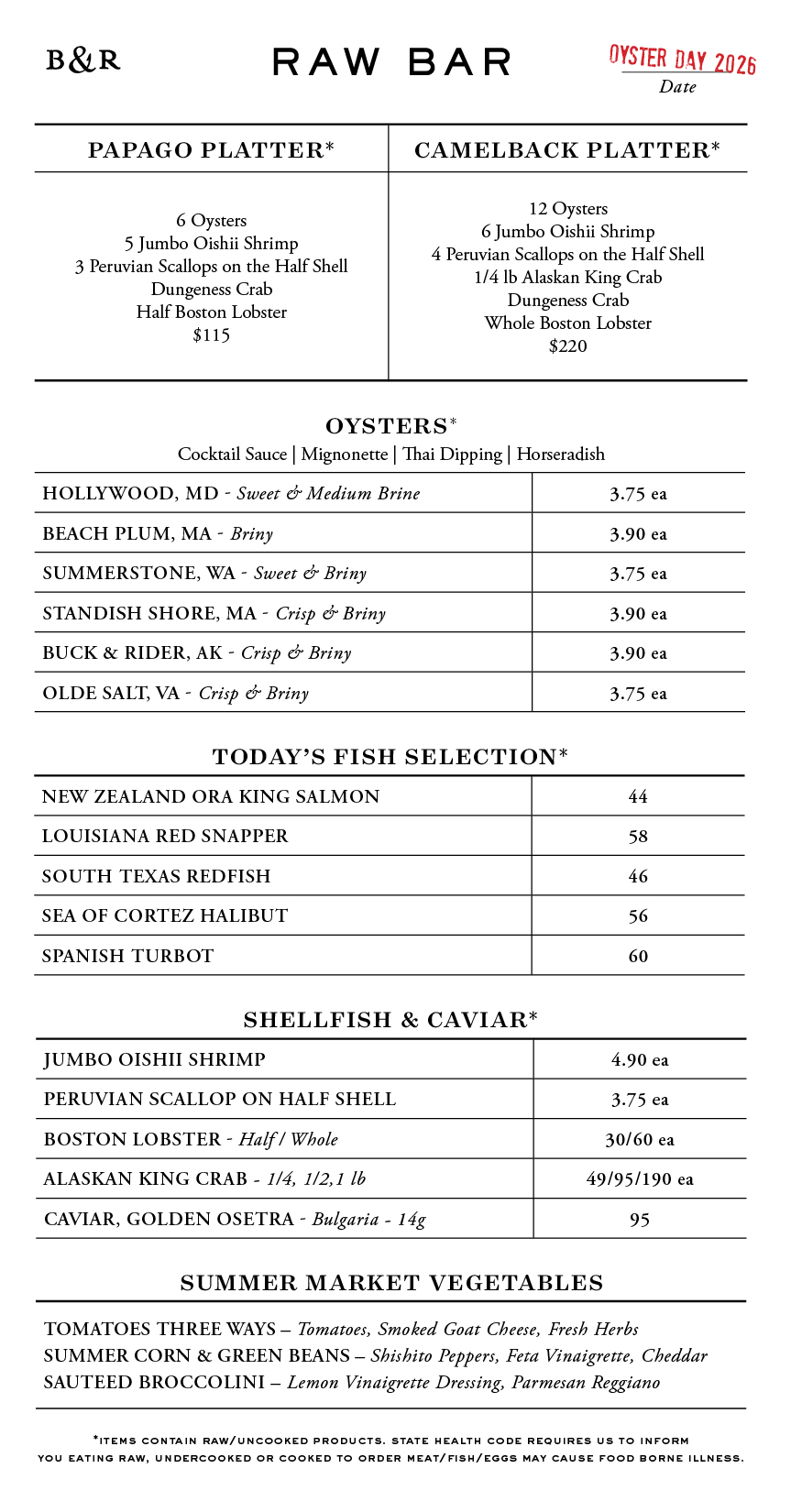 Raw Bar Menu