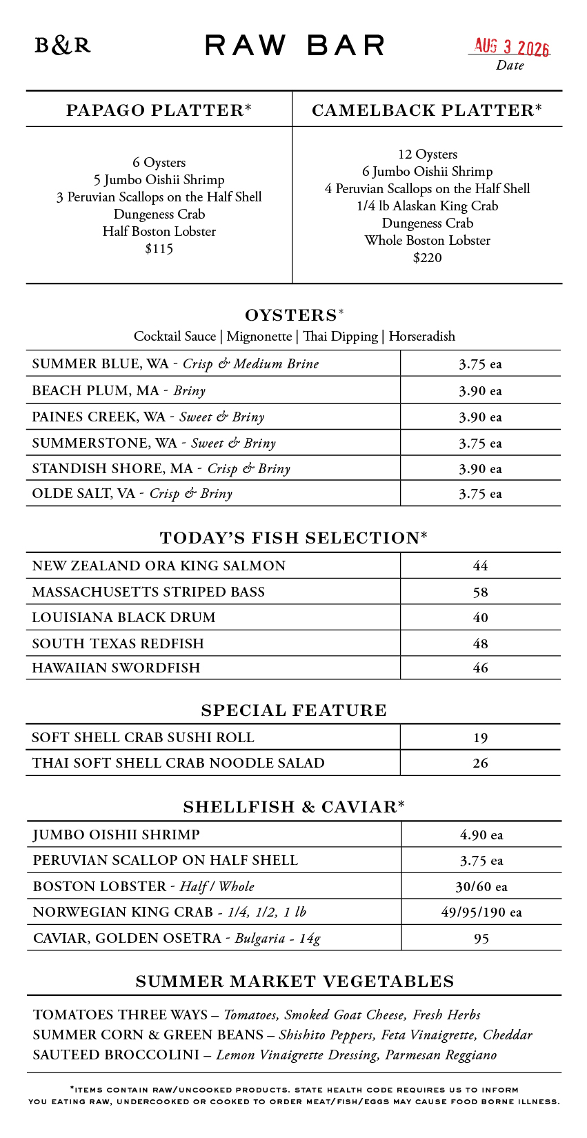 Raw Bar Menu
