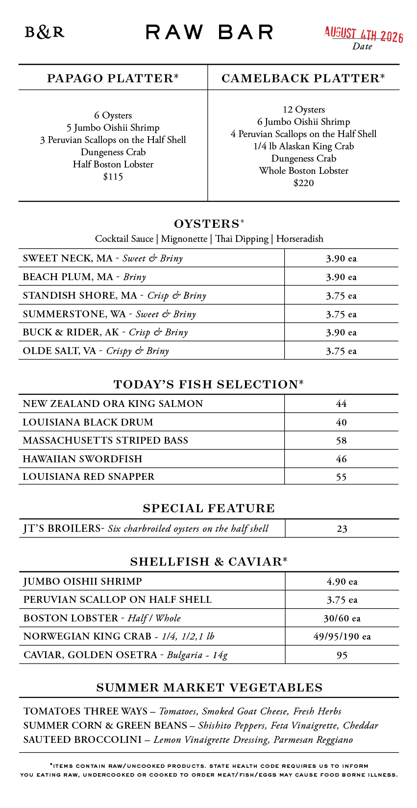 Raw Bar Menu