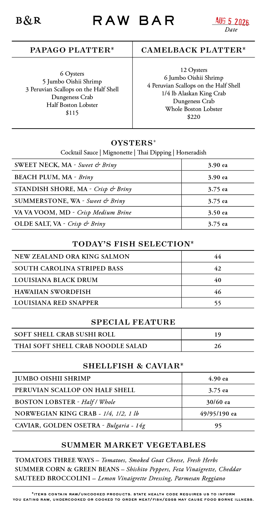 Raw Bar Menu