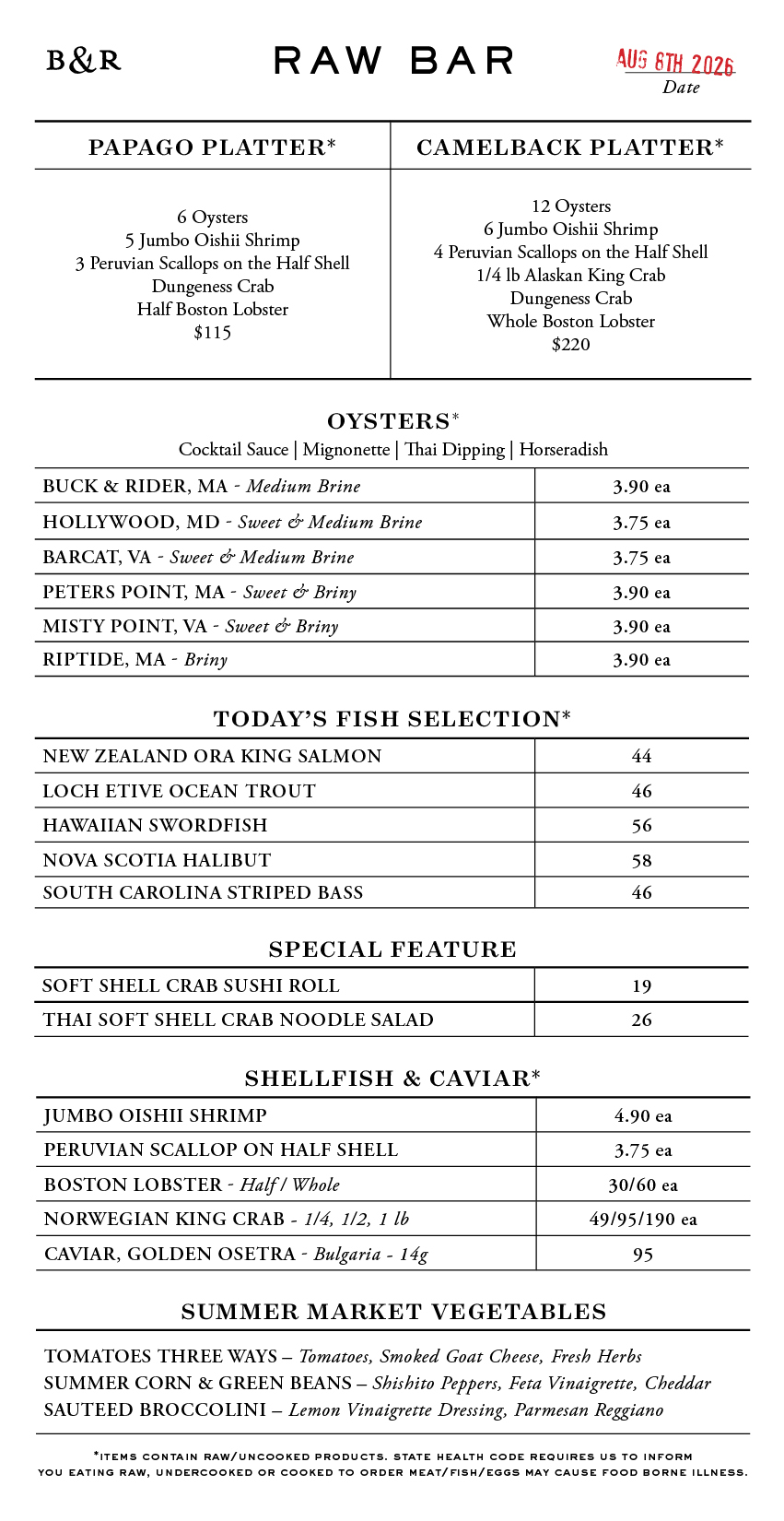 Raw Bar Menu