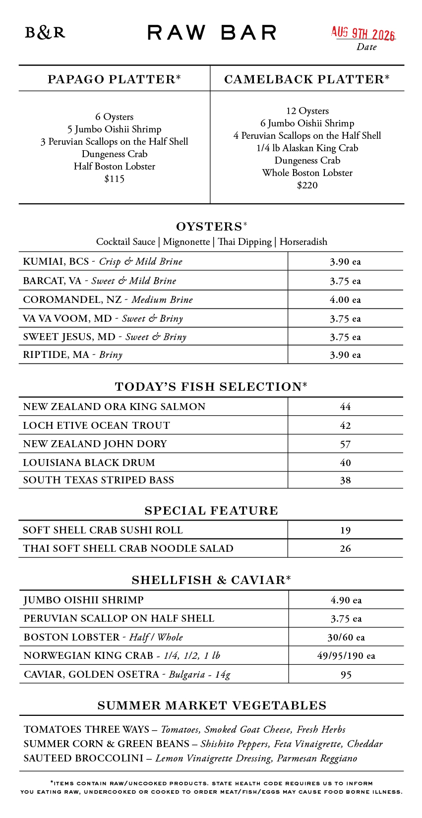 Raw Bar Menu