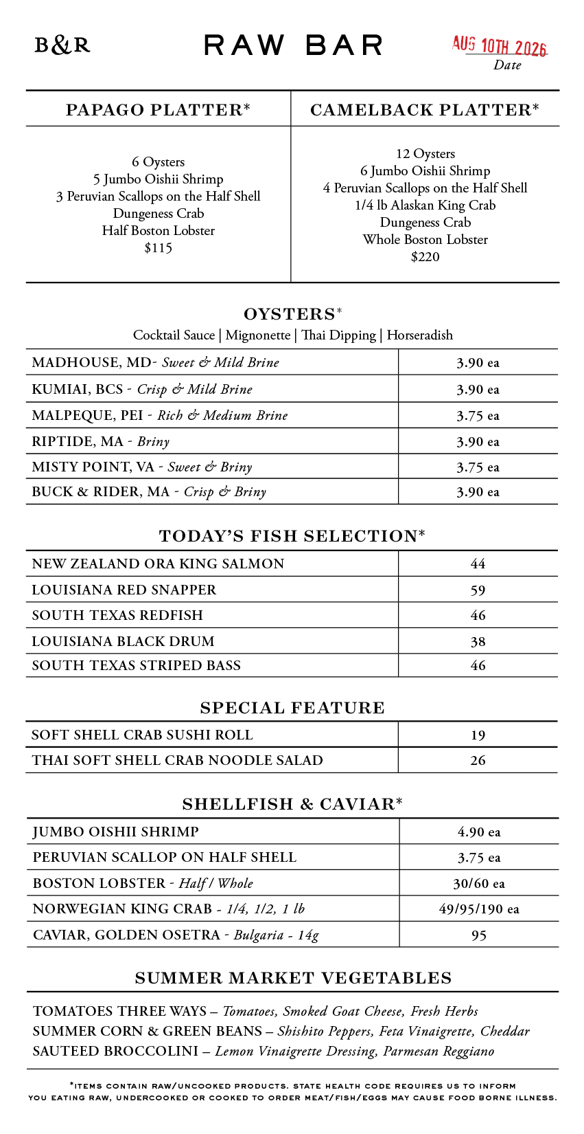 Raw Bar Menu