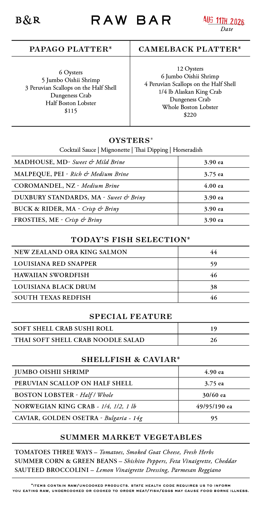Raw Bar Menu
