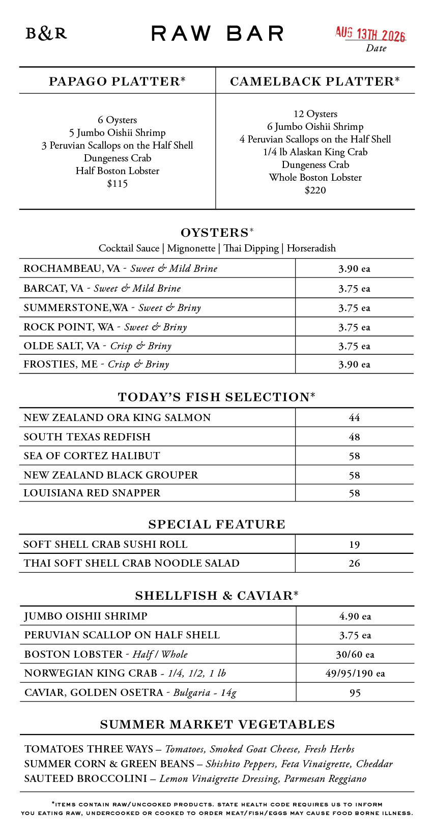 Raw Bar Menu