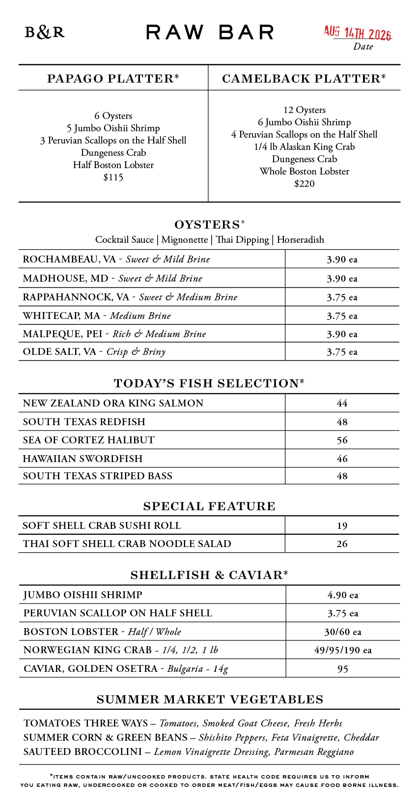 Raw Bar Menu