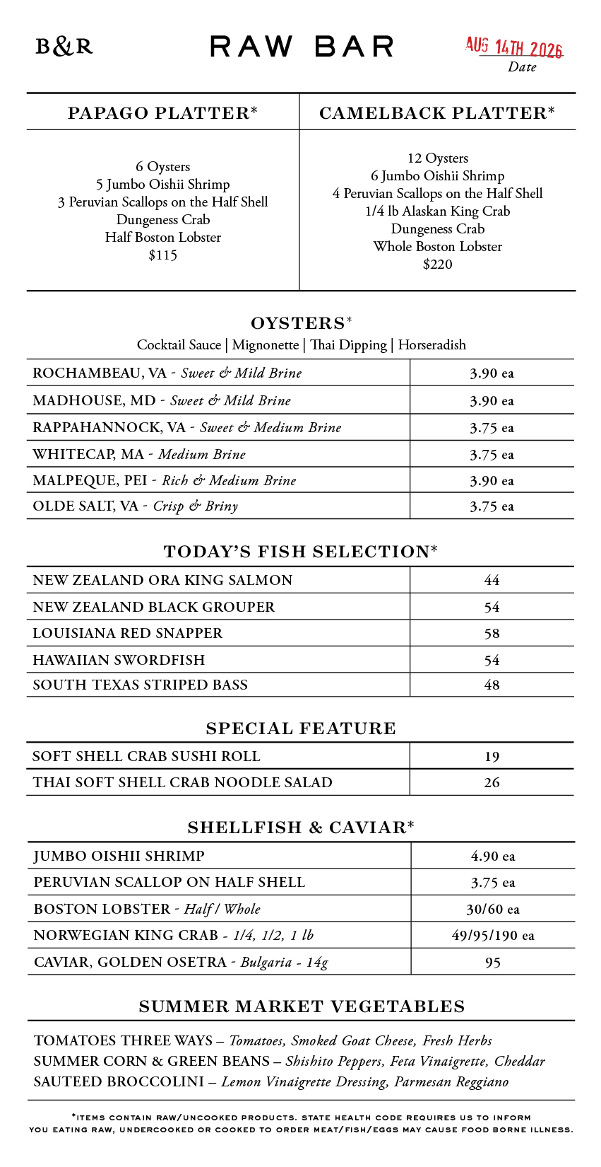 Raw Bar Menu