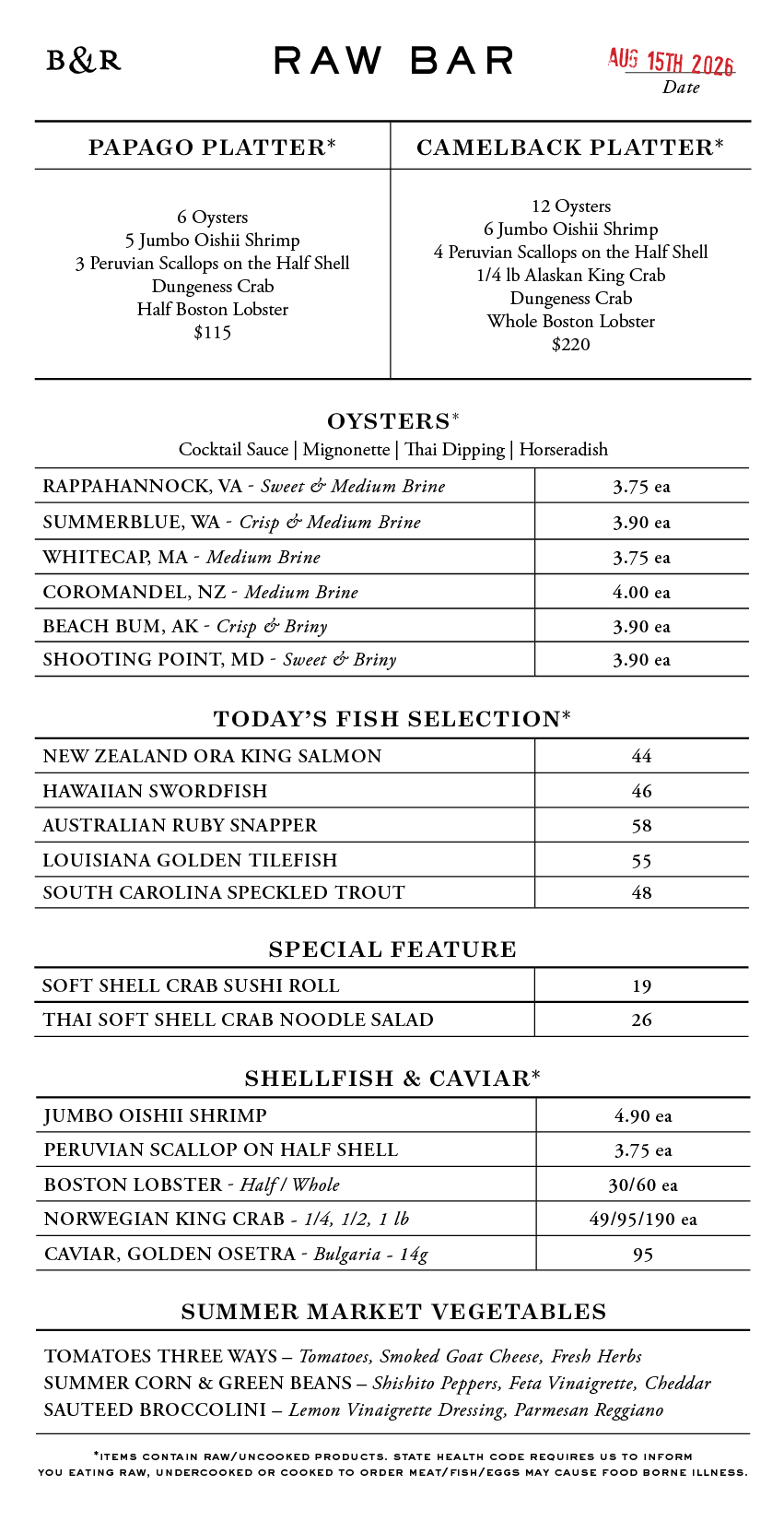Raw Bar Menu