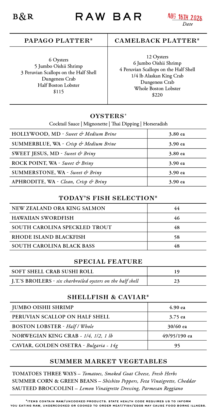 Raw Bar Menu