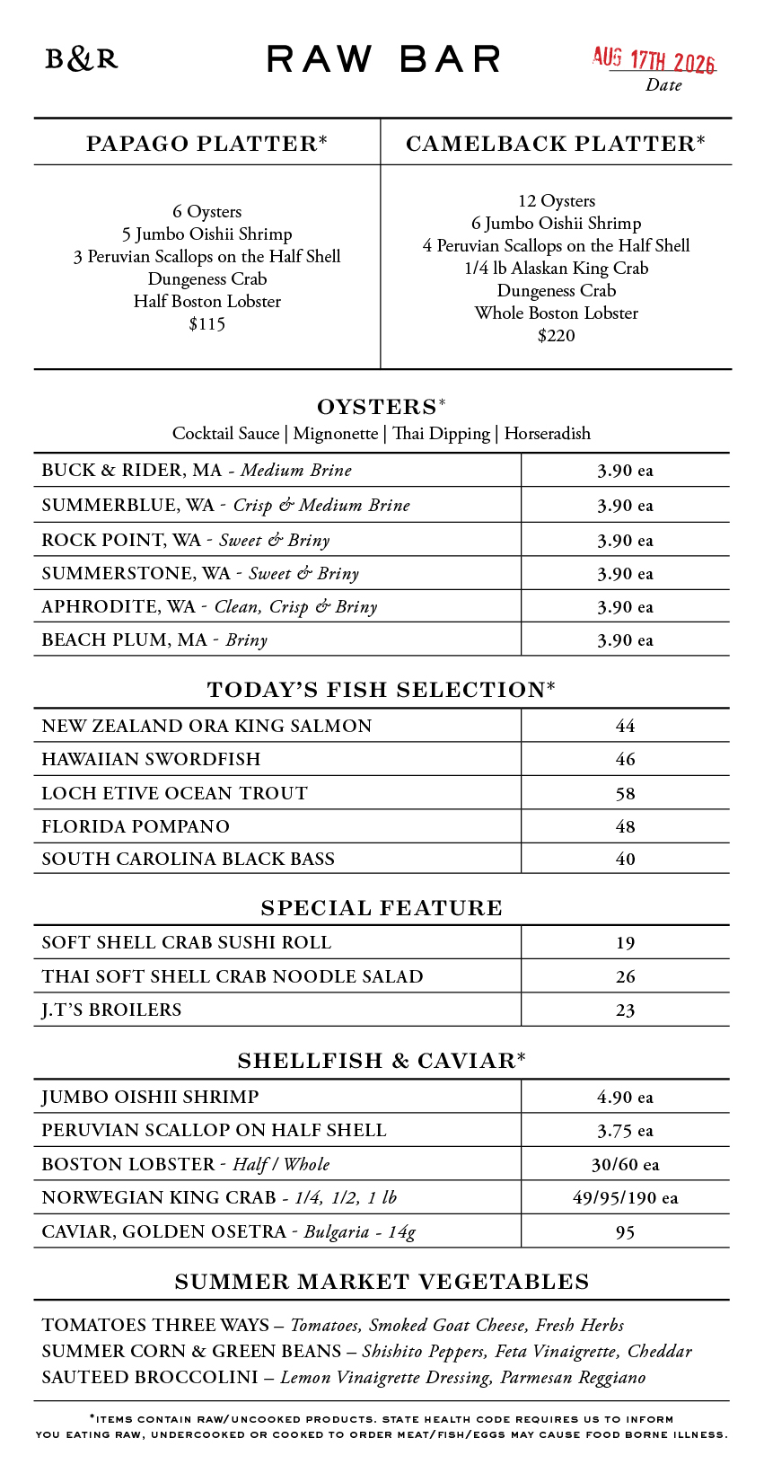 Raw Bar Menu