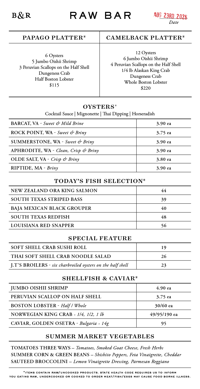 Raw Bar Menu