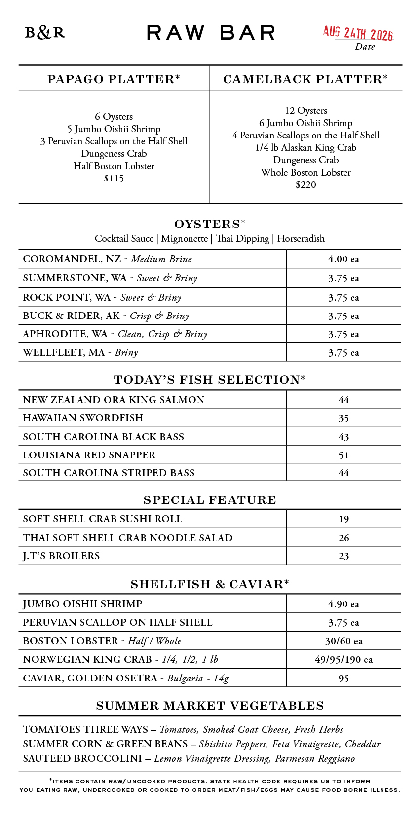 Raw Bar Menu
