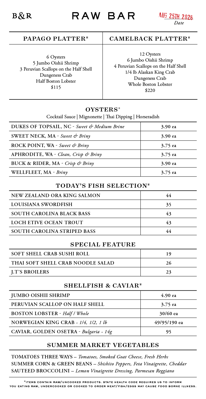 Raw Bar Menu