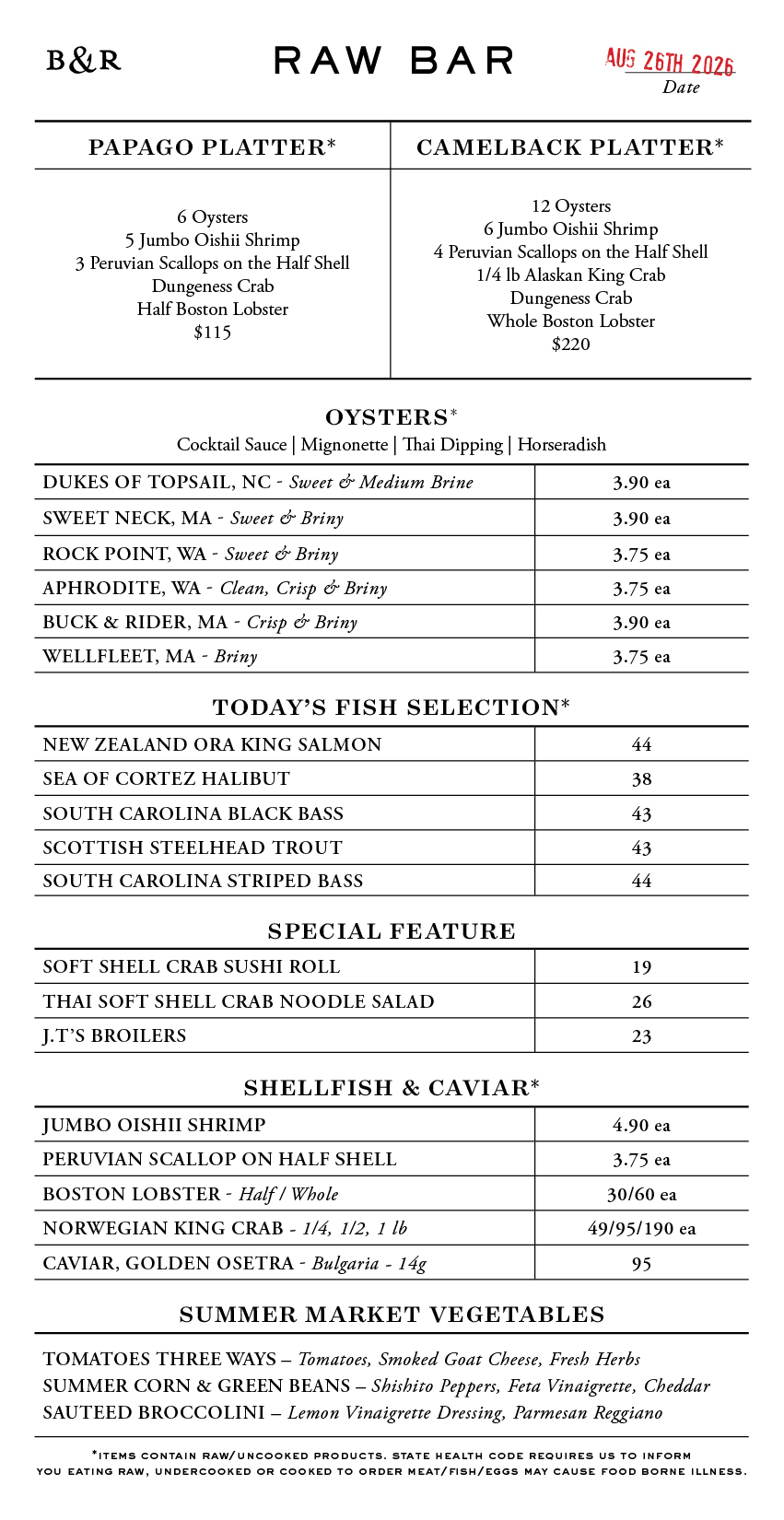 Raw Bar Menu