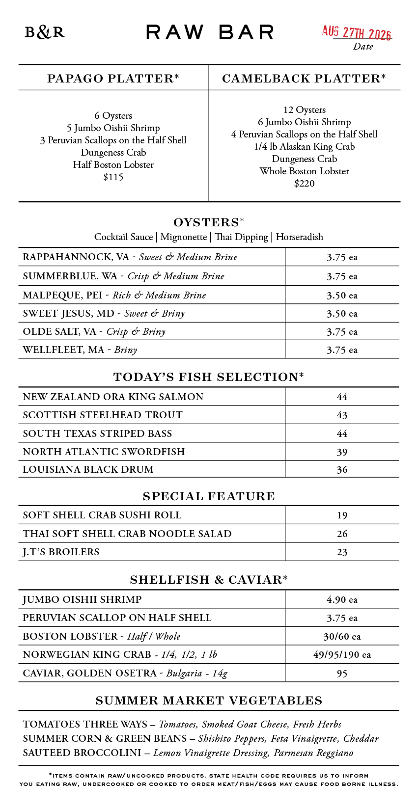 Raw Bar Menu