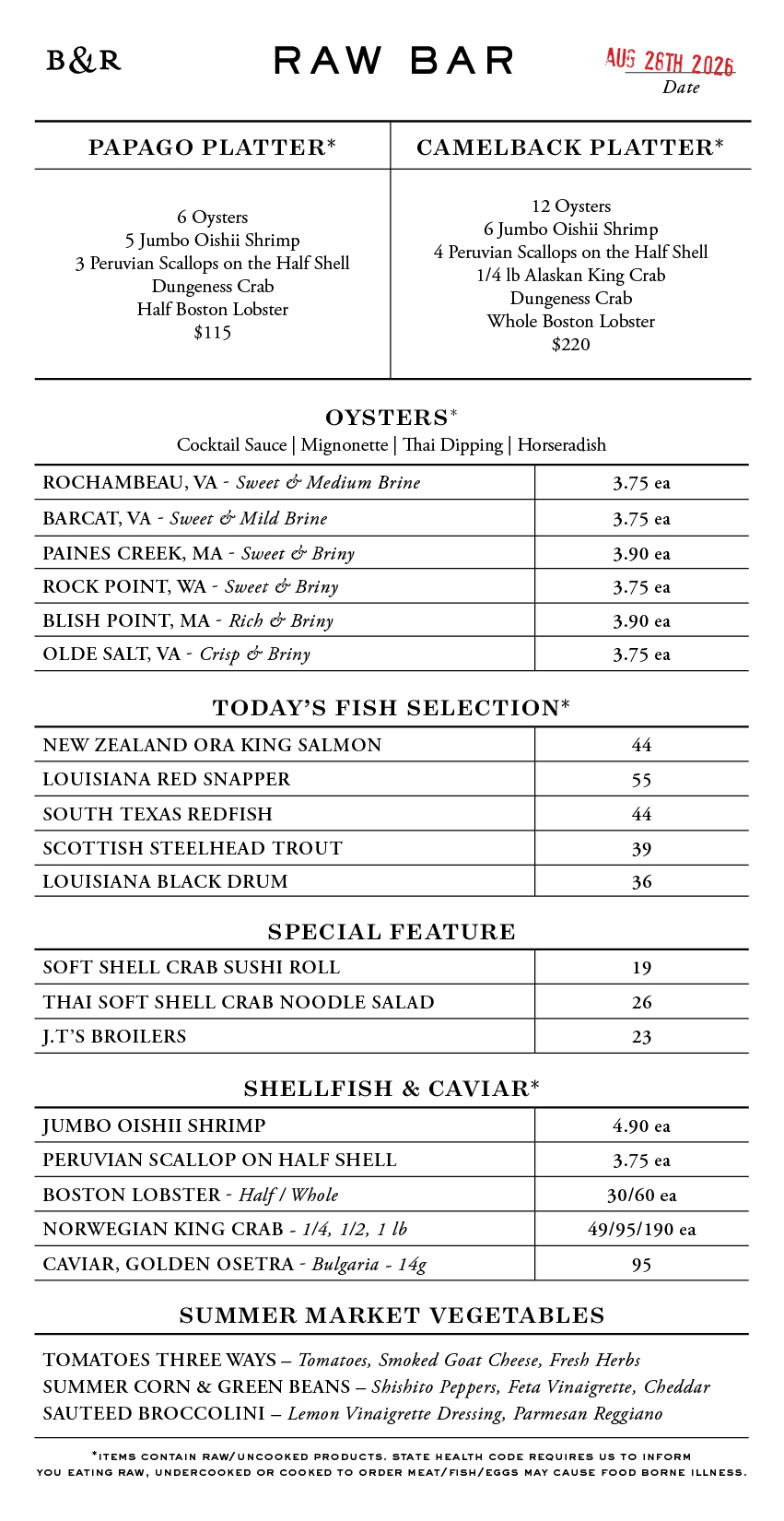 Raw Bar Menu