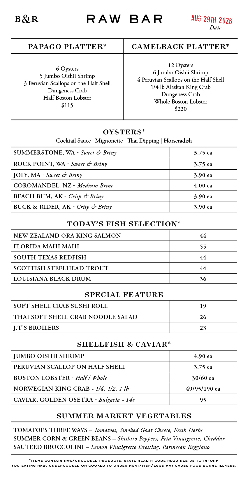 Raw Bar Menu