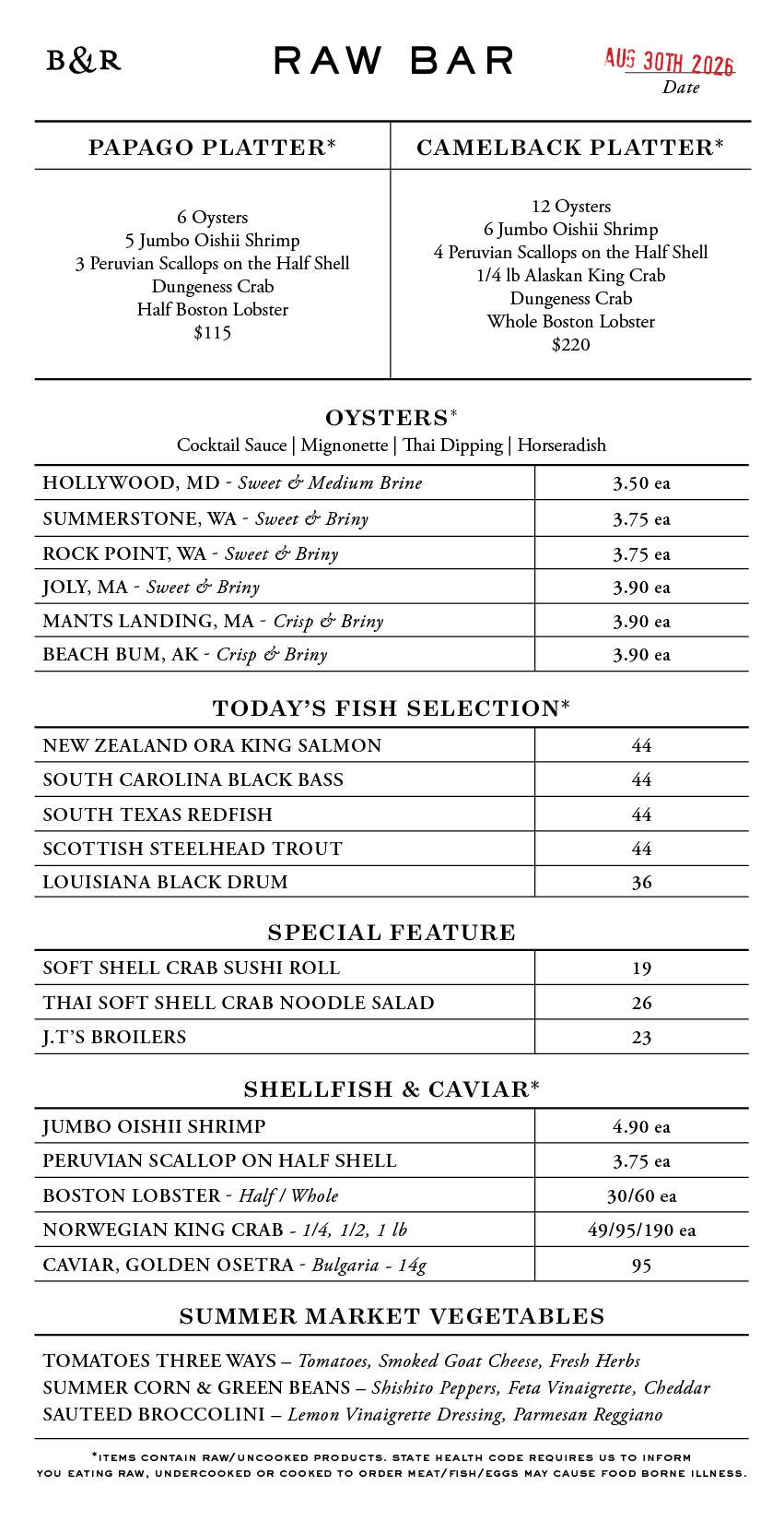 Raw Bar Menu