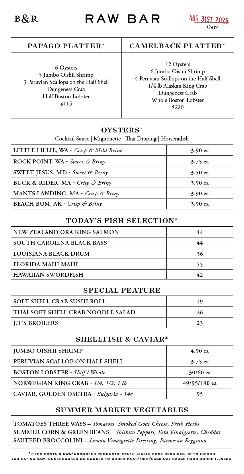 Raw Bar Menu