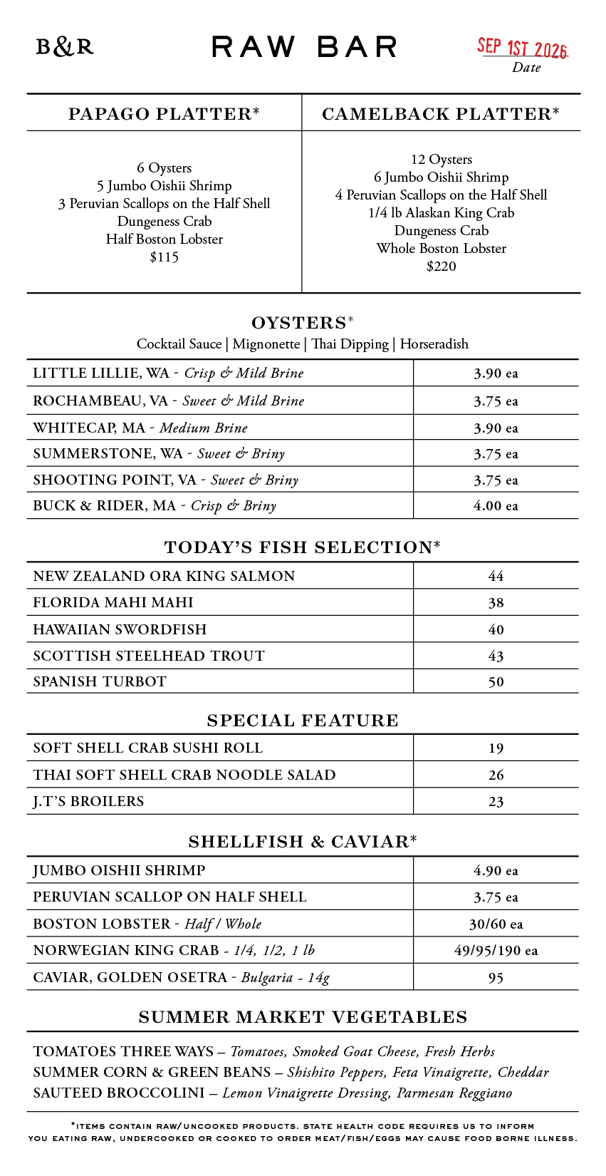 Raw Bar Menu