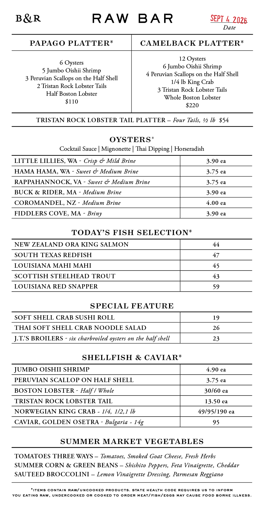 Raw Bar Menu