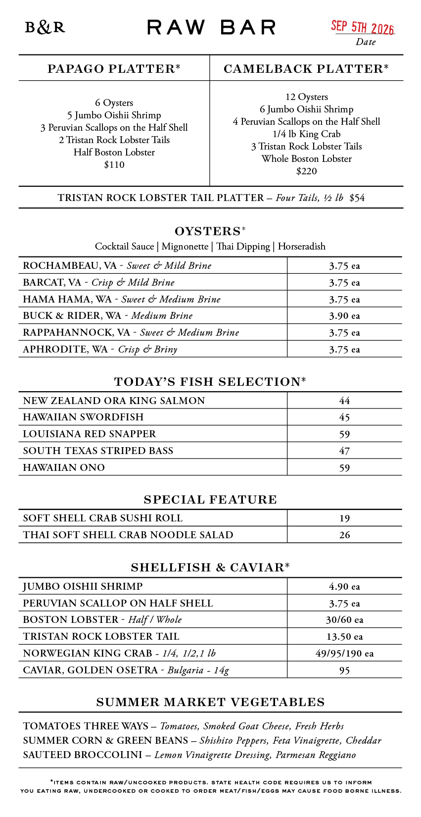 Raw Bar Menu