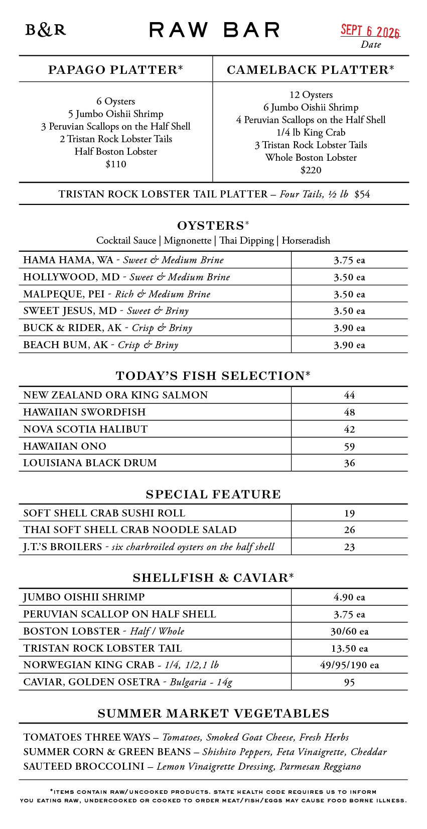 Raw Bar Menu
