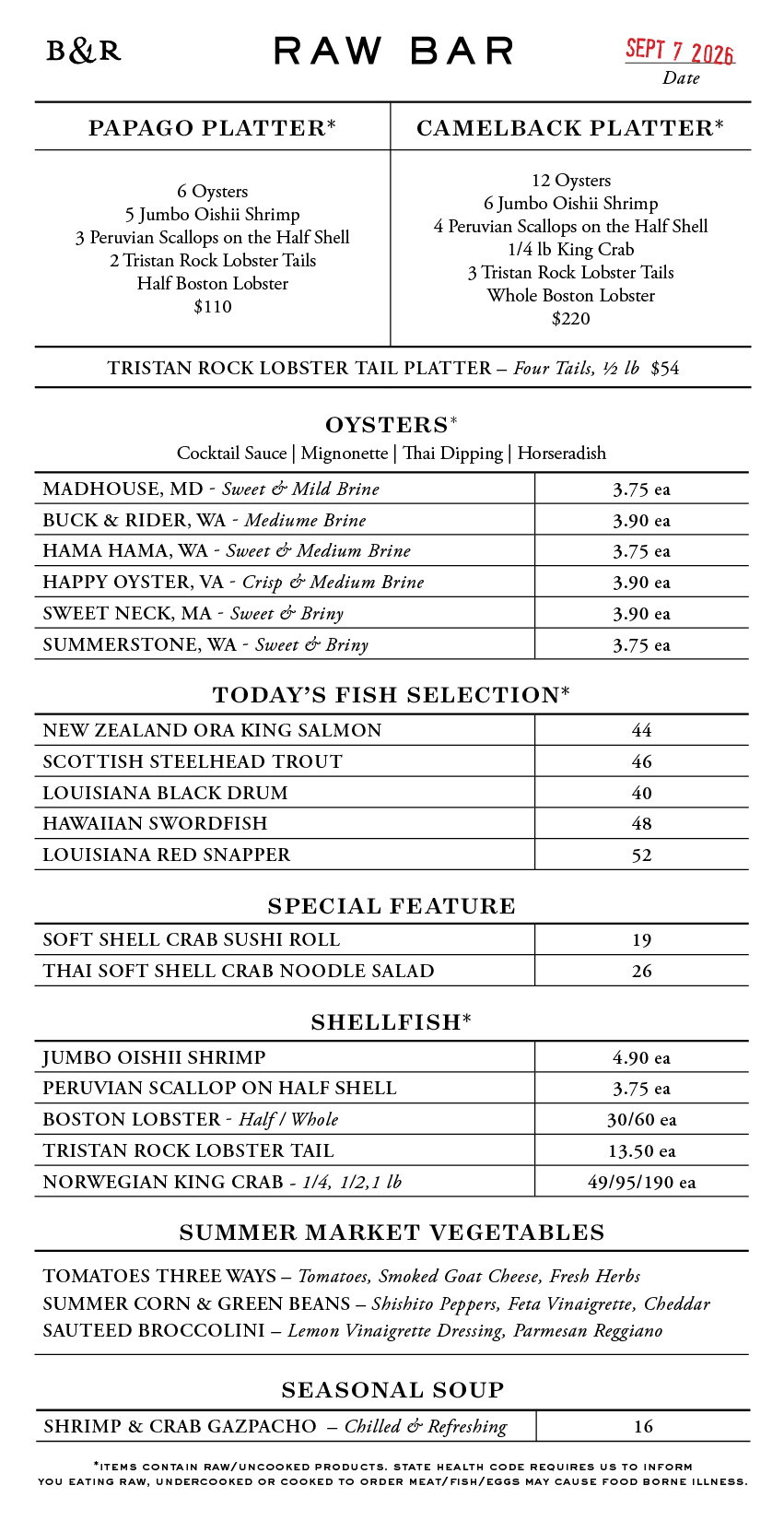 Raw Bar Menu