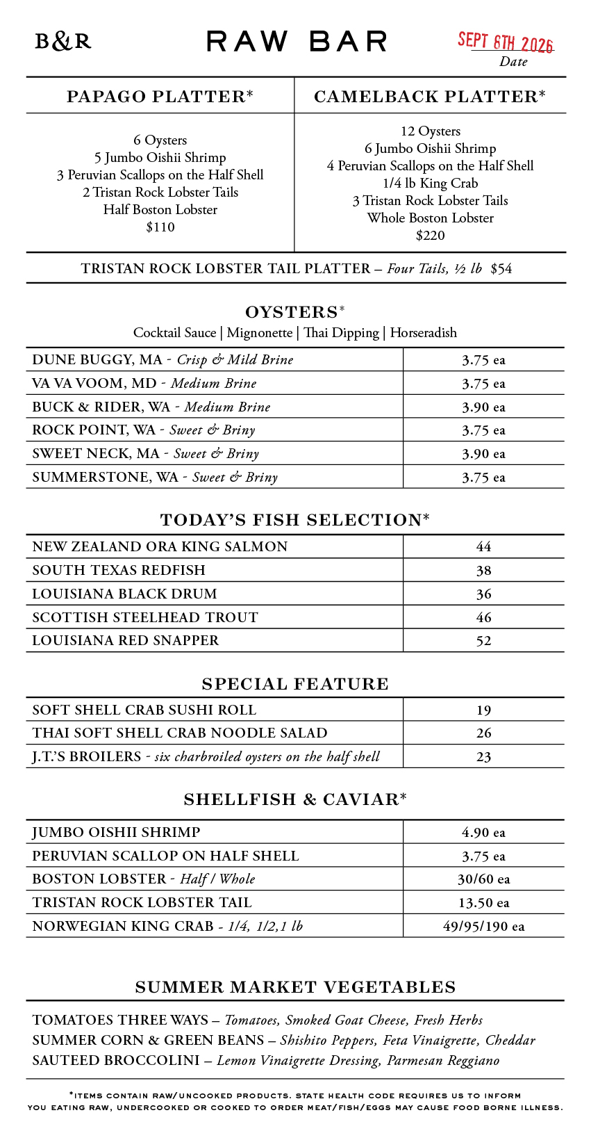 Raw Bar Menu