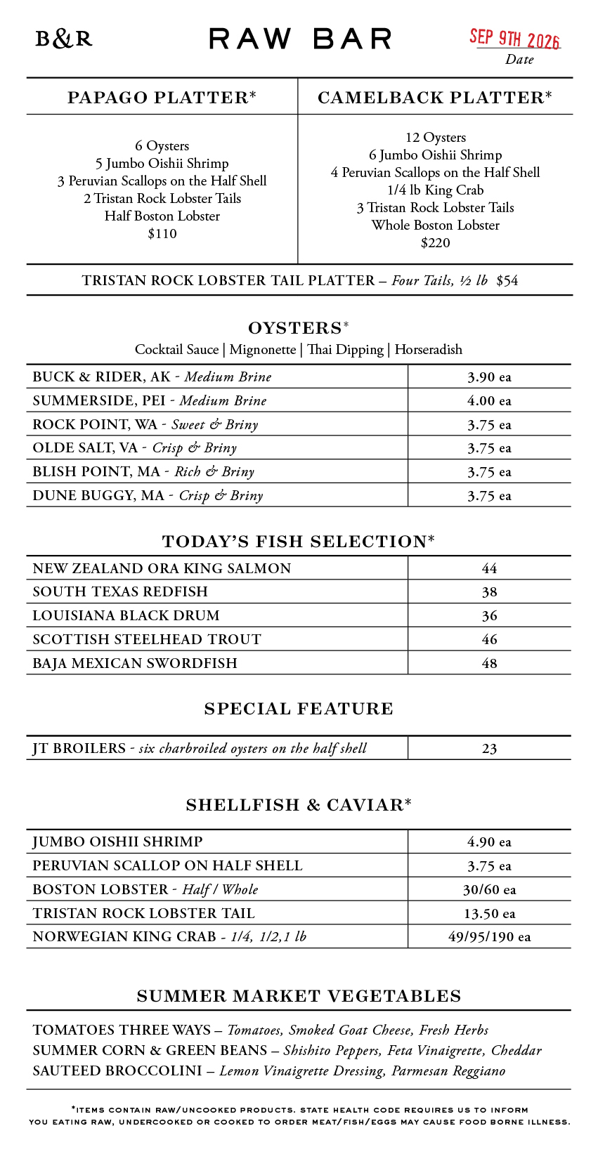 Raw Bar Menu