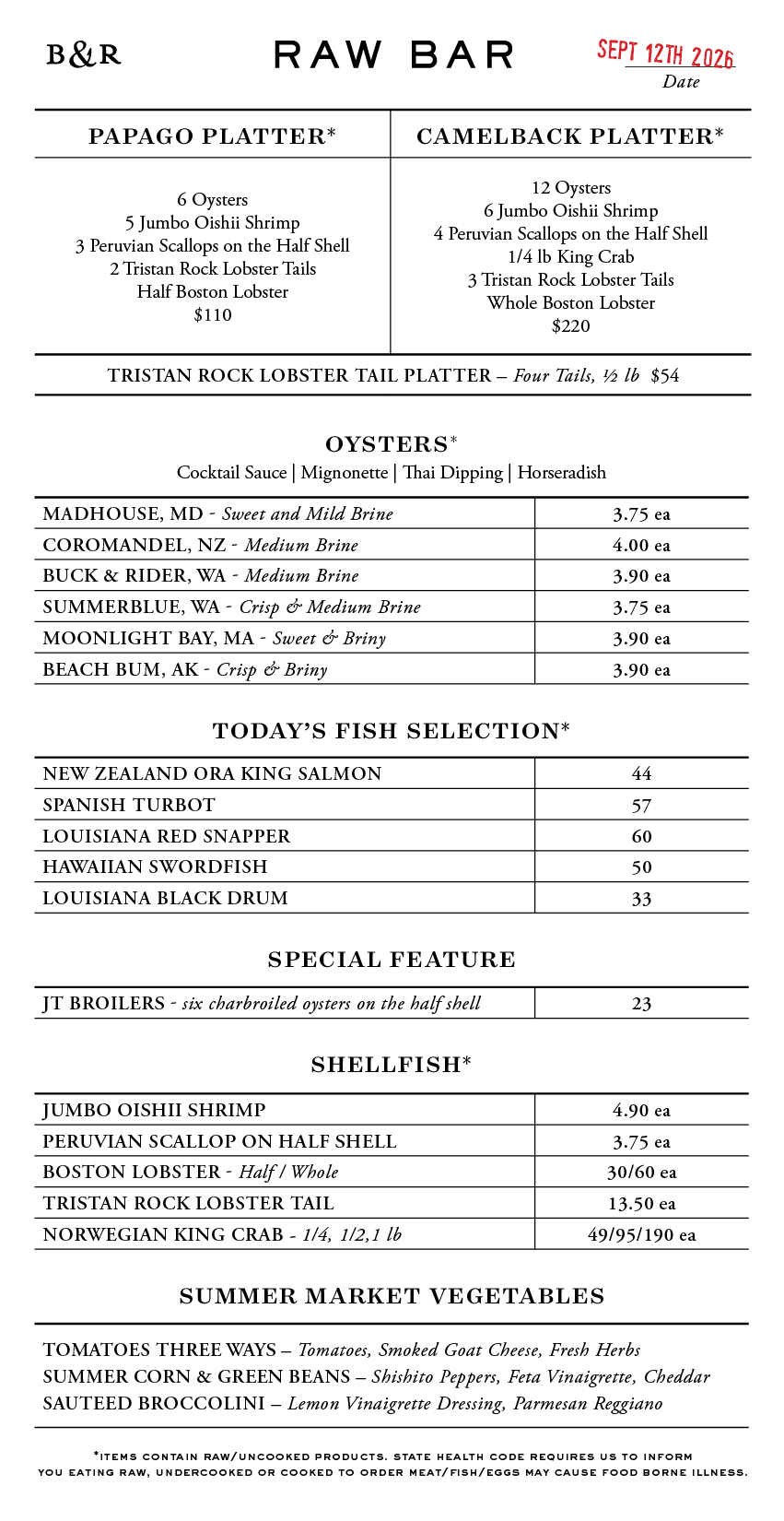 Raw Bar Menu
