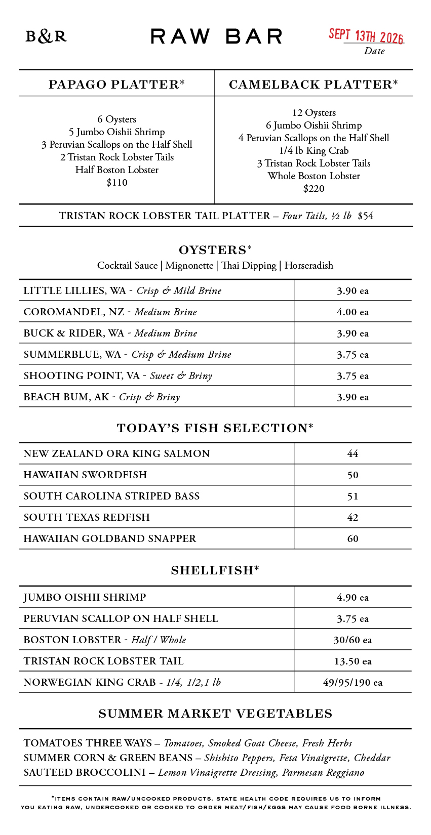 Raw Bar Menu